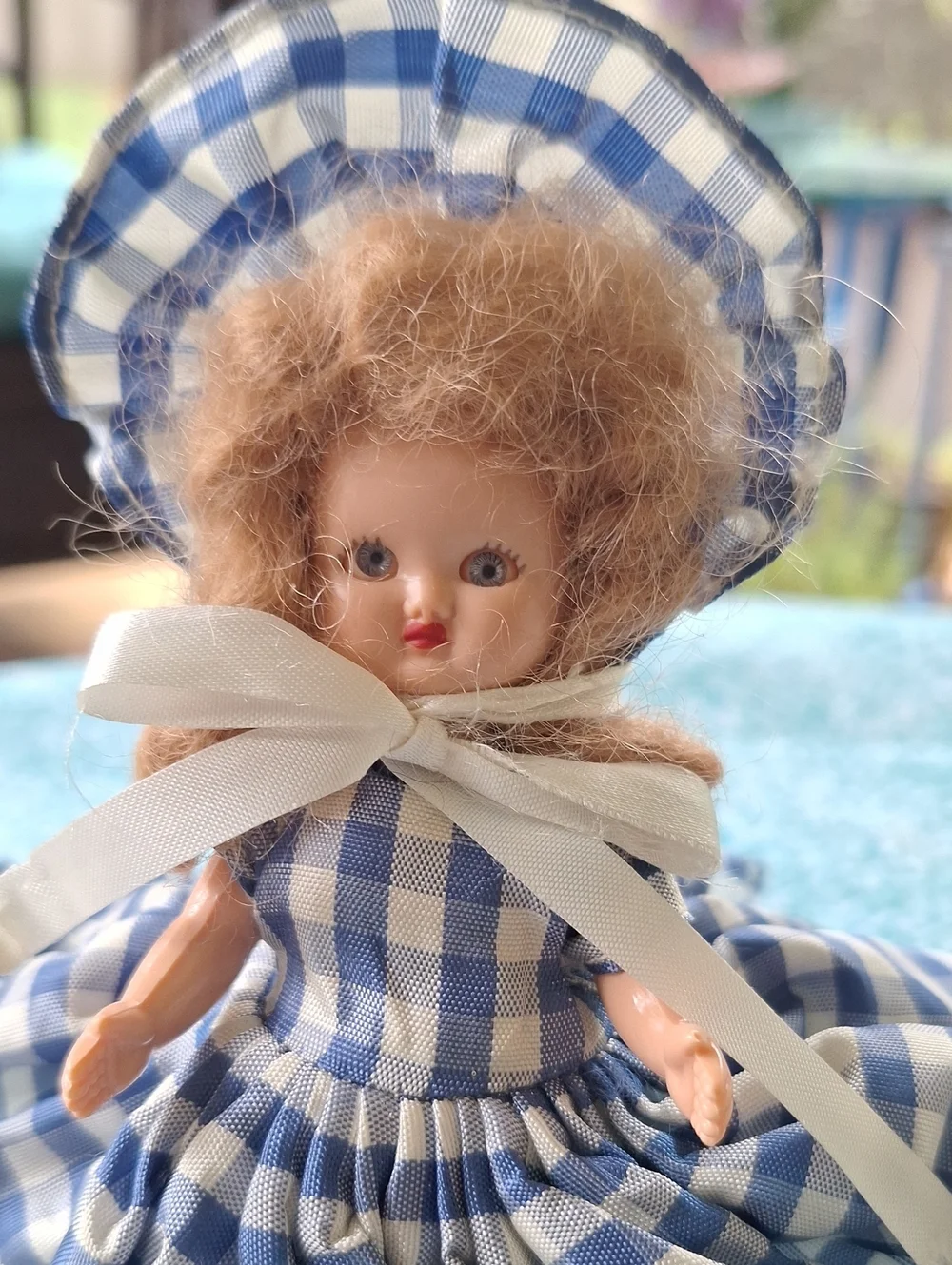 1940s Hollywood Doll Blue Gingham Kids Dress with Bonnet